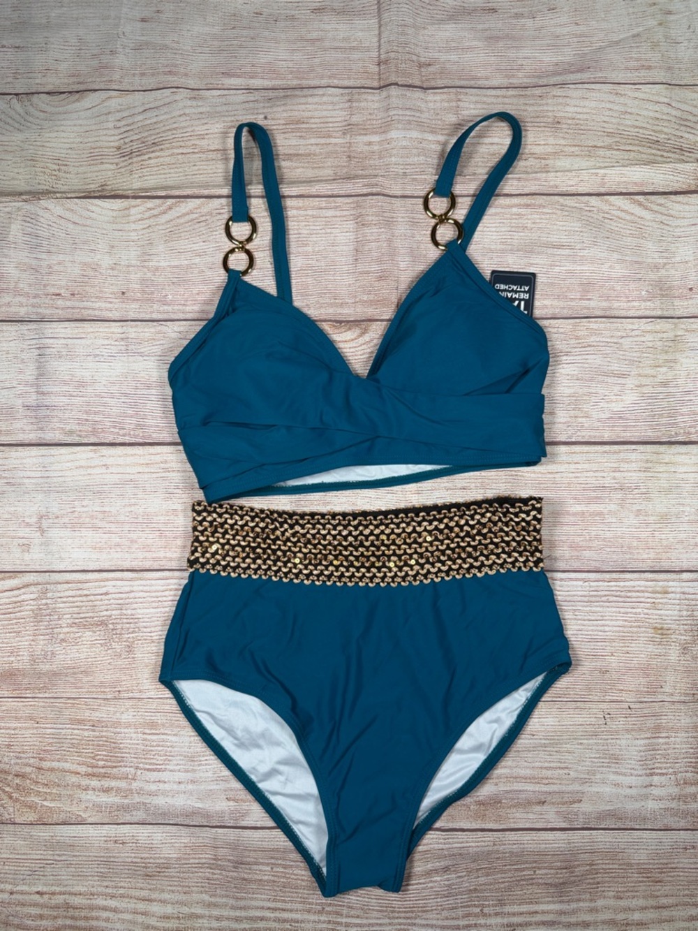NWT Teal High-Waist Modest Bikini Set with Gold Ring Accents